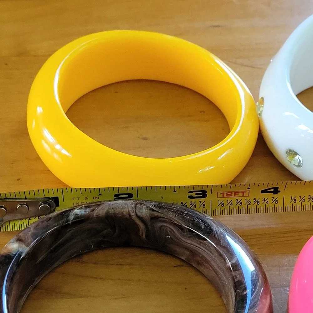 4 Resin Acrylic Bangle Bracelets Stack Pink White Rhinestone Yellow